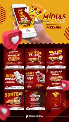 an advertisement for pizza and other food items