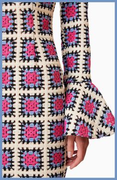 Easy Crochet Cap Sleeves Pattern Crochet A Line Dress Pattern, Crochet Winter Dresses, Crochet Granny Square Dress, Granny Square Dress, Flouncy Sleeves, Dress With Flared Sleeves, Sleeved Mini Dress, Crochet Neckline