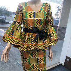 African Clothing For Women Handmade Ankara/ Kente Print . Two Pieces Set Of Peplum Top With Pencil Skirt Skirt Length Is 28” The Mannequin Is Wearing Size 2 Contact Me For Any Question About The Set Note; Please Let Me Know If You Want Only The Top Or You Want Headwrap For Additional Cost Fitted Yellow V-neck Sets, Top With Pencil Skirt, Kimono Ankara, African Print Coat, African Print Kimono, Ankara Kimono, Ankara Jackets, Kente Print, Print Coat