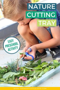 a young boy cutting leaves with scissors and text overlay that reads nature cutting tray easy preschool activity