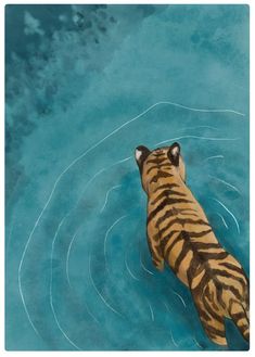 a painting of a tiger swimming in the water with its head above the water's surface