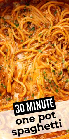 a close up of spaghetti in a pan with the words 30 minute one pot spaghetti