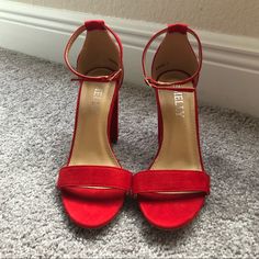 Red Strappy Block Heels. I Bought These A Few Years Ago And Have Never Worn Them. They Do Not Have Tags Attached But They Are New And In Perfect Condition! Reasonable Offers Accepted Trendy Red Block Heel Shoes, Trendy Red Open Heel Shoes, Trendy Red Open Heel Heels, Trendy Red Open-heel Heels, Red Block Heel For Night Out, Red Block Heels For Night Out, Red Hoco, Hoco Heels, Strappy Block Heels