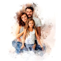 a watercolor painting of a family posing for a photo with their arms around each other