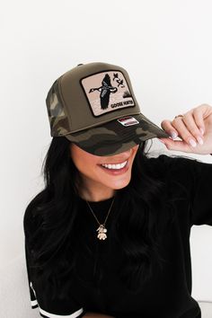 Goose Hunter Trucker Hat Wide Brim Snapback Hat For Spring Outdoor, Wide Brim Snapback Hat For Spring, Outdoor Fall Snapback Hat, Trendy Wide Brim Trucker Hat For Outdoor, Summer Khaki Snapback Hat, Fall Outdoor Snapback Hat, Khaki Trucker Hat With Flat Brim, Trendy Wide Brim Trucker Hat, Trendy Khaki Hat With Short Brim