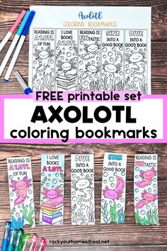 Page of free printable axolotl coloring bookmarks and examples with gel pens. Color Bookmarks Printable Free, Color In Bookmarks, Colouring Bookmarks Free Printable, Library Crafts For Kids, Axolotl Crafts For Kids, Bookmark Template Free Printables, Axolotl Printable, Axolotl Bookmark, Free Bookmarks Printables