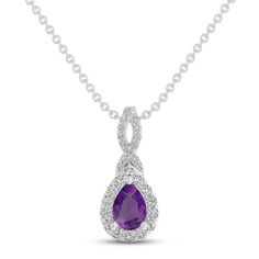 A vibrant pear-shaped amethyst draws the eye to this beautiful necklace, perfect for celebrating a February birthday. Ribbons of white lab-created sapphires shimmer on the sterling silver pendant for all-over sparkle. The 18-inch cable chain secures with a lobster clasp. Purple Teardrop Fine Jewelry Necklace, Pear-shaped Gemstone Drop Necklace For Anniversary, Elegant Purple Pear-shaped Necklace, Fine Jewelry Purple Teardrop Pendant Necklace, Fine Jewelry Amethyst Teardrop Pendant Necklace, Purple Teardrop Pendant Fine Necklace, Teardrop Amethyst Necklace For Formal Occasions, Purple Teardrop Necklace For Formal Occasions, Purple Teardrop Necklace For Formal Events