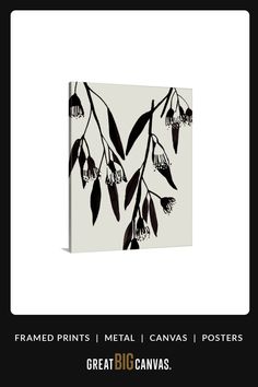 a black and white painting with leaves on it's sides, against a white background that says framed prints metal canvass / posters great big canvases