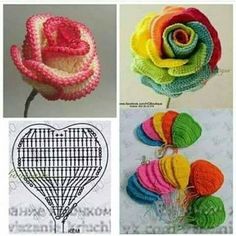 crocheted flowers are shown in four different colors and sizes, including one with a heart