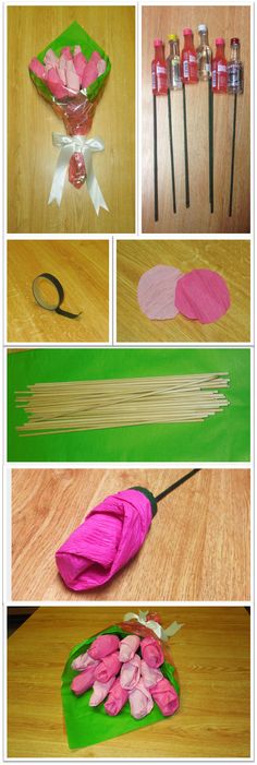 the process of making flowers out of yarn and wood skewers is shown here