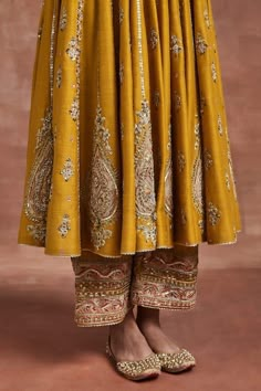 Buy Yellow Moonga Silk Roop Zari Anarkali Palazzo Set For Women by Sue Mue Online at Aza Fashions. Sims Closet, Anand Karaj, Suits Punjabi, Desi Wedding Dresses, Anarkali Dress Pattern, Zari Embroidery, Punjabi Outfits, Traditional Indian Outfits