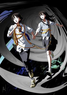 two anime characters are walking in the dark with their leashes tied to their backs