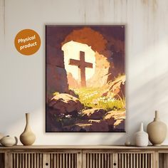 a painting with a cross on it in the middle of a room next to vases