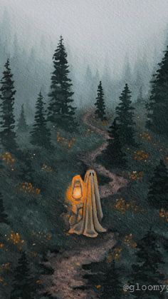 a painting of a person holding a lantern in the middle of a forest