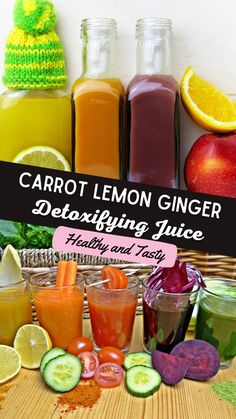 carrot lemon ginger detoxting juice with fresh fruits and vegetables in the back ground