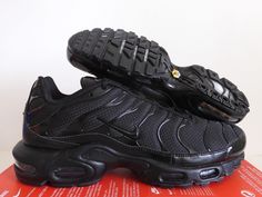 NIKE AIR MAX PLUS "TRIPLE BLACK" Features 100% AUTHENTIC BRAND NEW IN OPEN TOP BOX. COLOR: Black-Black-Black Fantastic running shoes. Very comfortable Equipped with air bubbles in the heel and sole for maximum cushioning Size & Style Info SIZE 7 US MENS INTERNATIONAL SIZES: (6 UK)  (40 EU)  (25 CM) Style # 604133 050 Shipping We ship within 1-2 business days (excludes Saturday, Sunday, and holidays) from receipt of payment We do ship to APO/FPO and Post Office box addresses We do ship to Alaska and Hawaii Tracking will be sent for all purchases within 24-48 hours Payment We accept payment by PayPal and credit card through PayPal Immediate payment is required Returns We offer a 30 day (after payment) 100% money back guarantee. Buyer pays return shipping All items MUST be in the original shi Nike Air Max Plus Black, Tn Black, Nike Air Max Mens, Air Max 90 Premium, Nike Tn, Black Features, Nike Air Max Plus, Air Max Plus, Nike Fashion