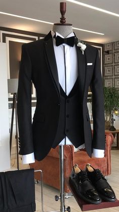 Collection: Autumn – Winter 2021/22  Product: Slim-Fit 3 Piece Suit  Color Code: Black  Size: EU46/US36 S | EU48/US38 S | EU50/US40 S | EU52/US42 S | EU54/US44 S | EU56/US46 S | EU58/US48 S  Suit Material: 70% polyester, 30% Viscose  Drop: 6  Cutting: Italian  Button: One Button  Vents: Double Vent  Machine Washable: No  Fitting: Slim-fit  Package Include: Jacket, Vest, Pants and Bow Tie Groom Tuxedo Wedding, Men's Business Suits, Wedding Suits Groom, Suit Material, Code Black