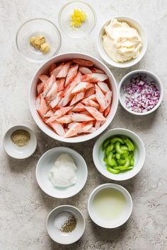 the ingredients for this dish are laid out in bowls