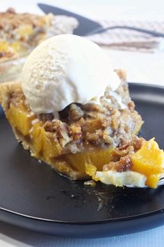 A slice of brown sugar peach crumble pie topped with vanilla ice cream.