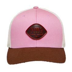 Style number: S22-1220LP. Light pink cotton twill front. Cream polyester mesh back and side panels. Rust curved brim with 8 stitch detailing. Real leather logo patch on front. Adjustable snapback closure. X-fit trucker. Mid-profile. One size fits most. Kimes Ranch, Pink Cap, Leather Logo, Side Panels, Pink Cotton, Panel Siding, Cotton Twill, Real Leather, Patch Logo