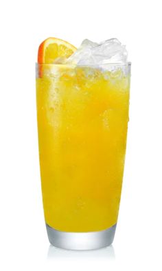 a tall glass filled with orange juice and ice