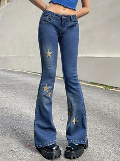 Golden Star Embroidery Flare Leg Jeans, Low Waist Y2K Stretchy Bell Bottoms Denim Pants, Women's Denim Jeans & Clothing, affiliate Preppy Punk, Character Clothes, Chic Jeans, Y2k Preppy, Jeans Y2k, Flare Leg Jeans, Sweater Tank Top