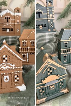 two pictures of christmas houses on the table