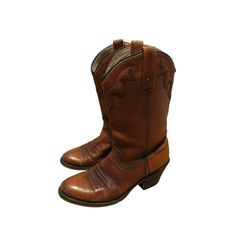 13" tall Good condition Vintage Brown Leather Boots For Rodeo, Vintage Leather Moto Boots For Rodeo, Vintage Brown Leather Boots For Western-themed Events, Retro Leather Boots With Snip Toe, Retro Leather Boots For Rodeo, Vintage Leather Moto Boots For Western-themed Events, Classic Boots With Leather Backing And Round Toe, Classic Boots With Leather Backing, Vintage Leather Boots For Rodeo