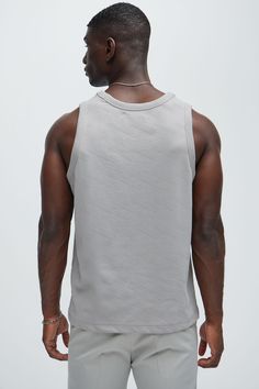 Available In Grey, Taupe and Cream Scoop Neck Sleeveless Textured Detail 95% Polyester 5% Spandex Imported | Mens Benji Textured Tank Top in Grey size Medium by Fashion Nova Gray Workout Top For Summer, Gray Summer Workout Top, Sporty Sleeveless Top For Loungewear, Sleeveless Athleisure Tops For Summer, Gray Racerback Top For Summer, Gray Racerback Summer Tops, Gray Sleeveless Activewear For Summer, Relaxed Fit Sleeveless Tops For Loungewear, Sleeveless Relaxed Fit Tops For Loungewear