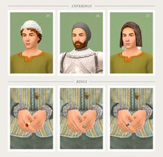 four different pictures of the same person in medieval clothing, one with a ring on it's finger