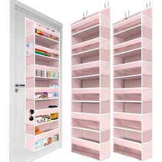 two pink shelving units with doors open to reveal the shelves in front of them