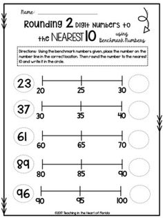 rounding 2 digit numbers to the nearest 10 worksheet for number line and place value