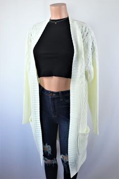 Size: S, Color: Ivory Cardigan Long, Color Ivory, Long Cardigan, Pocket Detail, Front Pocket, Rib Knit, Final Sale, Bell Sleeve Top, Women's Top