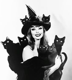 a woman in a witches costume holding four black cats