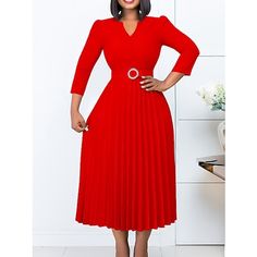 Season:Winter,Fall; Fabric:Polyester; Sleeve Length:Long Sleeve; Look After Me:Machine wash; Gender:Women's; Style:Fashion,Modern,Elegant,Mature; Elasticity:Micro-elastic; Occasion:Daily; Details:Belt Included; Fit Type:Regular Fit; Dresses Type:A Line Dress,Casual Dress; Pattern:Plain; Design:Ruched,Patchwork; Neckline:V Neck; Front page:FF; Listing Date:09/13/2023; Bust:; Hips:; Length:; Shoulder Width:; Sleeve:; Waist:; Fit US Size:; Fit UK Size:; Fit EU Size:; Dress Length Type:Midi Dress; Print Type:non-printing; Fabric2:Lace Red Stretch A-line Dress, Red Knee-length Dress For Work, Chic Red Dress With 3/4 Sleeves, Red 3/4 Sleeve Midi Dress For Fall, Elegant Red Midi Dress With 3/4 Sleeves, Casual Work Dresses, Work Dresses For Women, Work Dress, Fall Fabric