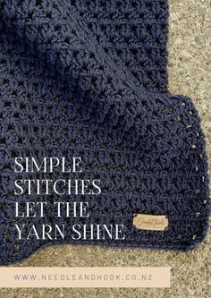 a blue crocheted bag with the words simple stitches left the yarn shine on it