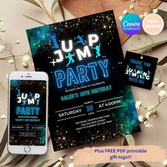 an image of a party flyer with phone and flowers on the table next to it