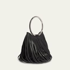 ALAIA bucket bag in fringe leather  Metal ring top handle  Open top with magnetic closure  Lining: Leather Approx. 7"H x 8"W x 0.5"D Professional cleaning recommended Made in Italy Leather Party Bucket Bag With Detachable Handle, Leather Bucket Bag With Detachable Handle For Party, Evening Top Handle Shoulder Bag With Fringe, Modern Leather Bucket Bag For Parties, Chic Party Bucket Bag With Silver-tone Hardware, Evening Top Handle Bag With Fringe, Evening Fringe Top Handle Bag, Formal Fringe Bags, Leather Top Handle Bucket Bag For Party