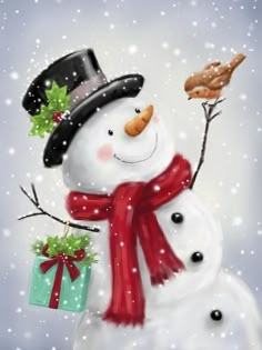 a snowman wearing a hat and scarf holding a bird