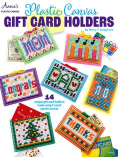 the cover of plastic canvass gift card holders, featuring cross stitch designs and cards