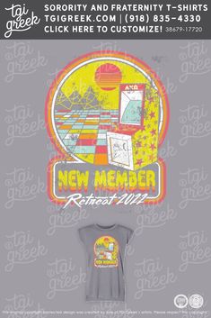 the new member t - shirt is on display in front of a gray background with an orange and yellow design