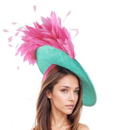 Jade Fascinator Hats For Women,Hot Pink Kentucky Derby Hat,Fuchsia Ascot Hat,Green Wedding Hat,Tea Party Hat,Emerald Fasciantor Headband Aneska Jade Green & Fuchsia Pink Kentucky Derby Fascinator Hat The Aneska feather fascinator comprises a beautiful mass of fuchsia pink spiky feathers surrounding a jade green sinamay Fascinator base. Fascinator Base measures about 14 inches wide This jade and fuchsia pink wedding fascinator is mounted with a matching headband. If you prefer a headband to match Adjustable Costume Hats And Headpieces For Spring Party, Green Structured Crown Mini Hat For Kentucky Derby, Green Mini Hat With Structured Crown For Kentucky Derby, Green Structured Mini Hat For Kentucky Derby, Pink Feathered Spring Hat, Green Curved Brim Costume Hat For Party, Green Hat For Party At Royal Ascot, Green Feathered Mini Hats For Races, Green Costume Hat With Curved Brim For Party