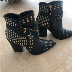 Gold Studded Black Brazilian Leather Booties With Side Zip - Worn Once Chic Boots With Gold Studs And Round Toe, Chic Studded Ankle Boots, Black Leather Heeled Boots With Spikes, Leather Boots With Studs For Night Out, Formal Studded Heeled Boots For Fall, Chic Studded Pointed Toe Boots, Chic Studded Leather Heeled Boots, Spiked Leather High Heeled Boots, Party Boots With Studs In Calf Leather