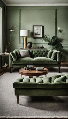 Sage Green Living Room Green Couches, Burgundy Room, Green Sofa Living, Sage Green Living Room, Dark Green Living Room, Green Couch, Set Sofa, Green Velvet Sofa, Green Walls