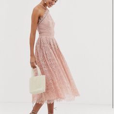 Bought This Dress For A Wedding And Never Wore New With Tags. Size 4. Beautiful Detailing And Cutout In The Back. Fully Line And Bottom Has One Layer Of Tulle For A Little Flare. From The Asos Tall Line And Is Midi Length Chic Lace Maxi Dress For Bridesmaid, Chic Lace Bridesmaid Maxi Dress, Summer Sleeveless Lace Bridesmaid Dress, Sleeveless Lace Dress For Summer Wedding, Sleeveless Lace Dress For Summer Bridesmaid, Summer Lace Midi Bridesmaid Dress, Halter Neck Midi Dress For Wedding, Sleeveless Lace Bridesmaid Dress For Summer, Feminine Sleeveless Midi Dress For Wedding