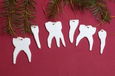 three white ornaments hanging from a christmas tree on a red background with pine needles and branches