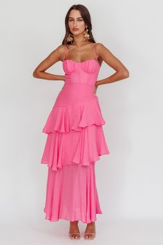 Shop the Madrid Summer Tiered Ruffle Maxi Dress Pink | Selfie Leslie Pink Tiered Dress With Ruffled Straps And Ruffle Hem, Pink Tiered Strapless Dress With Ruffles, Luxury Pink Ruffle Maxi Dress, Pink Tiered Voluminous Dress, Pink Floor-length Maxi Dress With Ruffle Hem, Tie Up Heels, Summer Maxi, Ruffled Maxi Dress, Pink Maxi Dress