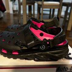 Men’s 8 Women’s 10 Never Worn Functional Black Clogs With Rubber Sole, Black Low-top Clogs With Cushioned Footbed, Black Low-top Clogs For Outdoor, Sporty Black Clogs For Streetwear, Black Low-top Outdoor Clogs, Sporty Black Breathable Clogs, Black Breathable Synthetic Clogs, Post Malone Crocs, Crocs Fashion