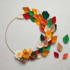 a wreath made out of felt flowers and leaves