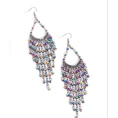 Oil Spill Rhinestone Beaded Tassels Cascade From The Bottom Of A Bowing Gunmetal Bar, Creating An Ethereal Tapered Fringe. Earring Attaches To A Standard Fishhook Fitting. Due To Its Prismatic Palette, Color May Vary. Nwt 4" L. Not Heavy And Won't Hurt Your Precious Ears! Multicolor Metal Dangle Crystal Earrings, Bohemian Jeweled Crystal Earrings For Party, Multicolor Metal Crystal Earrings With Rhinestones, Multicolor Metal Crystal Earrings For Party, Multicolor Rhinestone Crystal Earrings, Jeweled Dangle Beaded Earrings For Party, Bohemian Crystal Earrings For Party, Metal Beaded Earrings With Dangling Beads For Party, Metal Beaded Dangling Earrings For Party